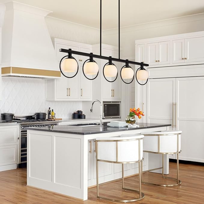 WJShome Dining Room Light Fixture/Chandelier Over Table, 5-Light Modern Kitchen Island Lighting Hanging for Farmhouse Linear Chandeliers Matte Black Ceiling Pendant Light Fixtures with Glass Shade