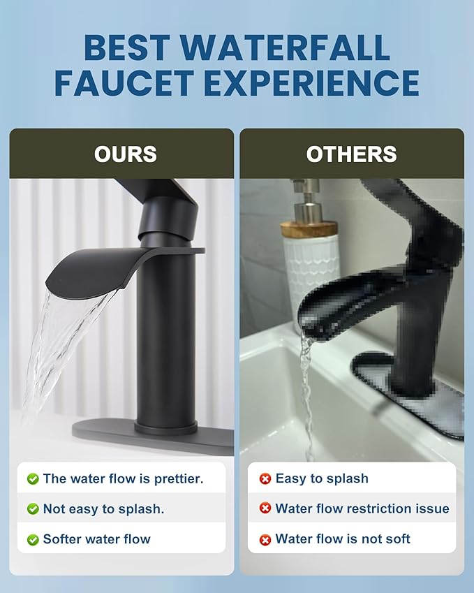 WOWOW Waterfall Bathroom Faucet Matte Black: Bathroom Sink Faucet for 1 Hole or 3 Holes, Single Handle Vanity Faucet with Pop up Drain, Stainless Steel Basin Sink Tap for RV Lavatory