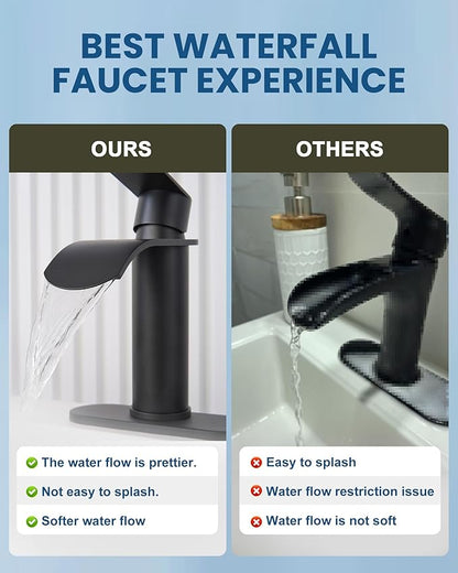 WOWOW Waterfall Bathroom Faucet Matte Black: Bathroom Sink Faucet for 1 Hole or 3 Holes, Single Handle Vanity Faucet with Pop up Drain, Stainless Steel Basin Sink Tap for RV Lavatory