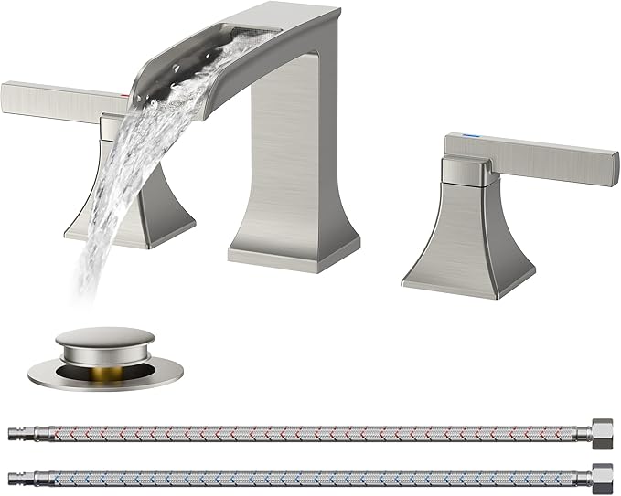 FORIOUS Brushed Nickel 3 hole bathroom faucet, 8" Widespread bathroom sink faucet Waterfall for 4"-16" Sinks, 2 Brass Handle for Vanity with Metal Drain Stopper and CUPC Pre-Installed Hose System