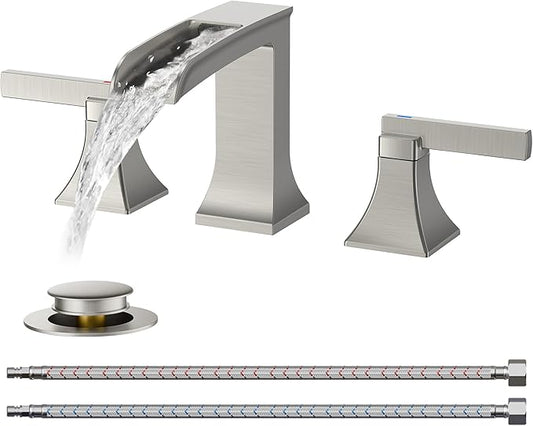 FORIOUS Brushed Nickel 3 hole bathroom faucet, 8" Widespread bathroom sink faucet Waterfall for 4"-16" Sinks, 2 Brass Handle for Vanity with Metal Drain Stopper and CUPC Pre-Installed Hose System