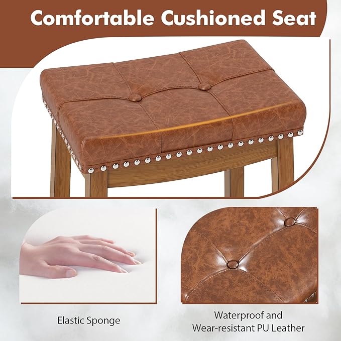 COSTWAY Saddle Bar Stools Set of 4, 25-Inch Counter Height Barstools w/PU Leather Seat, Solid Rubber Wood Frame, Footrest, Mid-Century Backless Counter Stools for Kitchen Island Home Bar