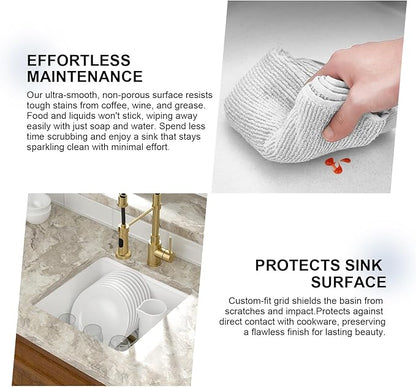 Mocoloo 18 Inch White Undermount Granite Composite Kitchen Bar Sink - 18 x 18 Matte White Ledge Workstation Kitchen Sinks, Composite Quartz Single Bowl Under Counter Bar Prep Rv Sink Basin