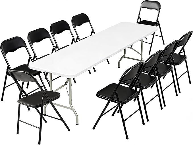 Elevon Folding Table Set with 10 Black Folding Chairs,8 Feet Heavy Duty Fold-in-Half Utility Table Sets for Picnic, Event, Training, Outdoor Activities, at Home and Commercial Use