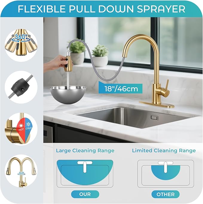 Kitchen Faucet with Pull Down Sprayer - Brushed Gold Single Handle Kitchen Faucets, High Arc Stainless Steel Pull Out Kitchen Sink Faucet with Deck for RV Laundry Farmhouse Bar