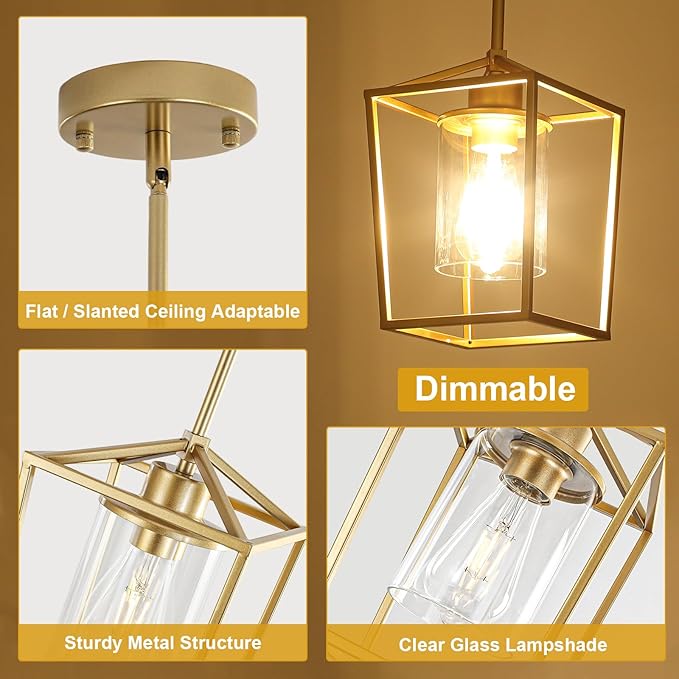 3 Pack Gold Pendant Lights, Farmhouse Kitchen Pendant Lighting Over Island, Metal Cage Hanging Lights with Clear Glass Shade for Kitchen Island, Dining Room, Entryway, Hallway