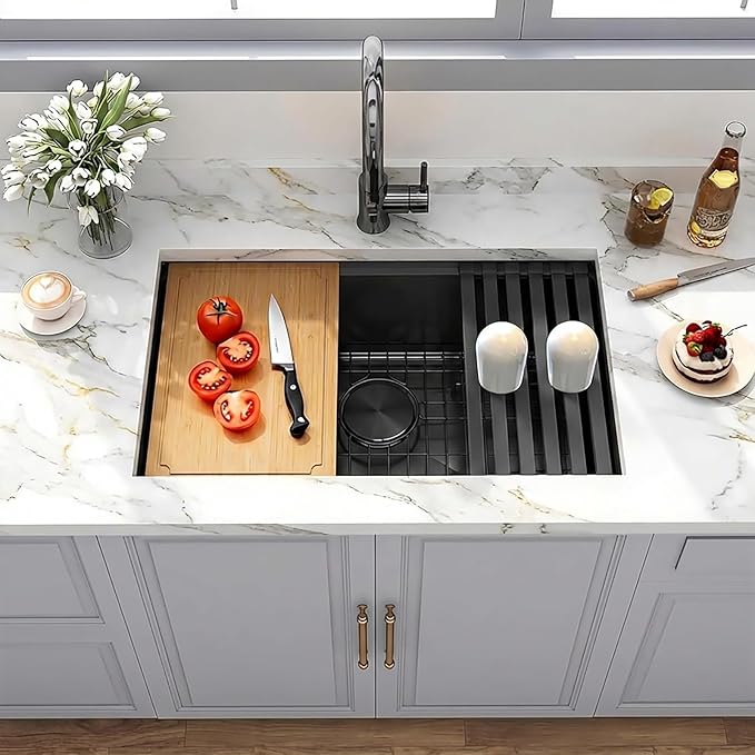 Black Undermount Kitchen Sink, 16 Gauge T-304S Stainless Steel Single Bowl Workstation Sinks with Full Set Accessories, 28" x 18" x 10" Handmade Deep Kitchen Sink