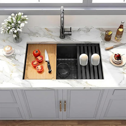 Black Undermount Kitchen Sink, 16 Gauge T-304S Stainless Steel Single Bowl Workstation Sinks with Full Set Accessories, 28" x 18" x 10" Handmade Deep Kitchen Sink