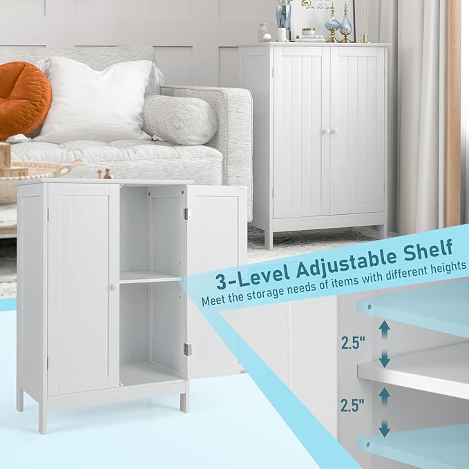 LDAILY LUARANE Bathroom Floor Cabinet, Wooden Floor Storage Cabinet with Double Doors, Simple Double Storage Cabinet, Suitable for Kitchen, Bathroom, 23.5 x 14 x 34 inches (White)