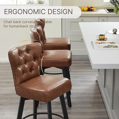 KISLOT Counter Height Barstools 26 inch Upholstered Button Tufted Swivel Bar Stools with Back for Kitchen Island,Set of 2,Brown PU Leather