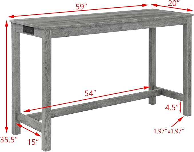 4-Piece Kitchen Island Counter-Table Set with Charging Station, Industrial 59" Dining Tables with 3 Stools, 59 Inch Farmhouse Bar Table Chairs w/USB & Type-C & Power Outlets, Grey