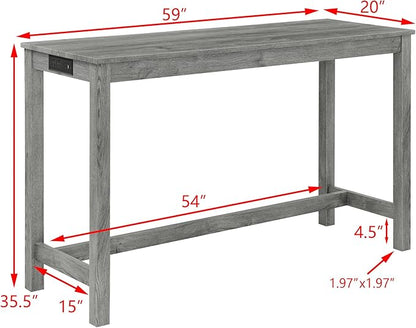 4-Piece Kitchen Island Counter-Table Set with Charging Station, Industrial 59" Dining Tables with 3 Stools, 59 Inch Farmhouse Bar Table Chairs w/USB & Type-C & Power Outlets, Grey