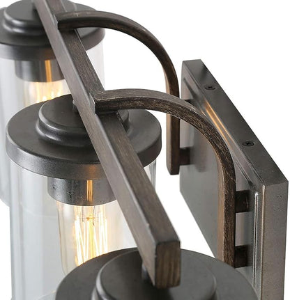 LALUZ Bathroom Vanity Light Fixtures, 3-Light Farmhouse Vanity Light with Clear Glass Shades, Faux Wood, 20’’ L x 6.3’’ W x 8.7’’ H