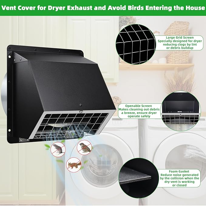 6 Inch Hooded Wall Vent with Flap and Mesh,6" Exhaust Vent Cover Cap for Kitchen Range Hood/Dryer/Bathroom Exhaust Outside,6inch Dryer Vent Cover Exterior Vent Hood with Large Opening,Galvanized Steel