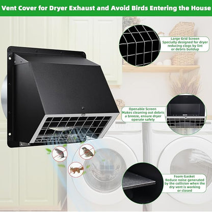 6 Inch Hooded Wall Vent with Flap and Mesh,6" Exhaust Vent Cover Cap for Kitchen Range Hood/Dryer/Bathroom Exhaust Outside,6inch Dryer Vent Cover Exterior Vent Hood with Large Opening,Galvanized Steel