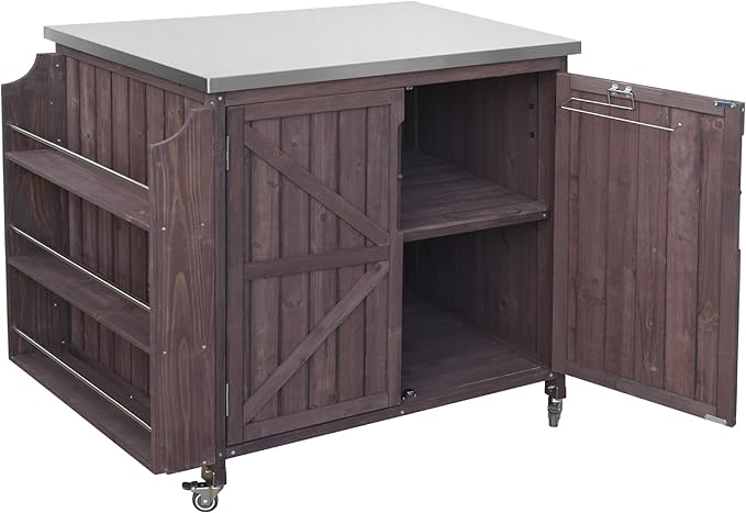 JIJIWANG 42.1" Outdoor Kitchen Island with Stainless Steel Top and Side Shelf, Outdoor Grill Cart with Storage Cabinet and Adjustable Shelves, Kitchen Cart on Wheels for Small Spaces Dark Brown