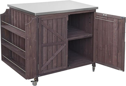 JIJIWANG 42.1" Outdoor Kitchen Island with Stainless Steel Top and Side Shelf, Outdoor Grill Cart with Storage Cabinet and Adjustable Shelves, Kitchen Cart on Wheels for Small Spaces Dark Brown