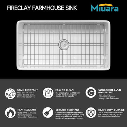 Miuara Farmhouse Sink 33 Inch - Apron Front Kitchen Sink Reversible 33"x18"x10", Undermount Installation, Farm House Style Single Bowl, Solid Fireclay, Glossy White, for Kitchen