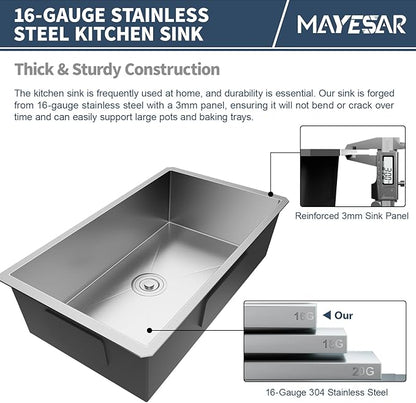 MAYESAR 28 Inch Undermount Kitchen Sink - 28 x 18 Stainless Steel Kitchen Sinks 16 Gauge Single Bowl 9" Deep Handmade Sink with Brushed Finish, Round Corner