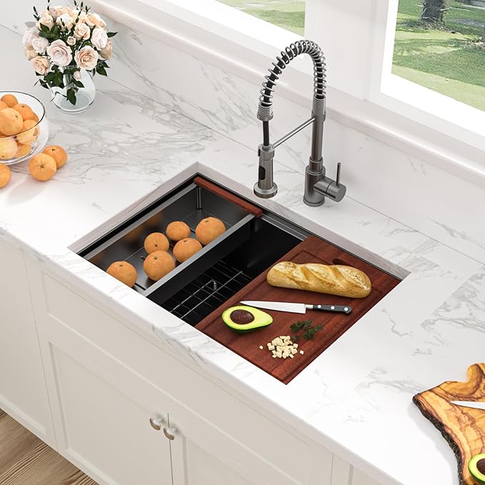 Sarlai 27 Undermount Kitchen Sink Black Stainless Steel - 27x19 Gunmetal Black Stainless Steel Kitchen Sink Undermount Workstataion 16 Guage Single Bowl Deep Sink for Kitchens