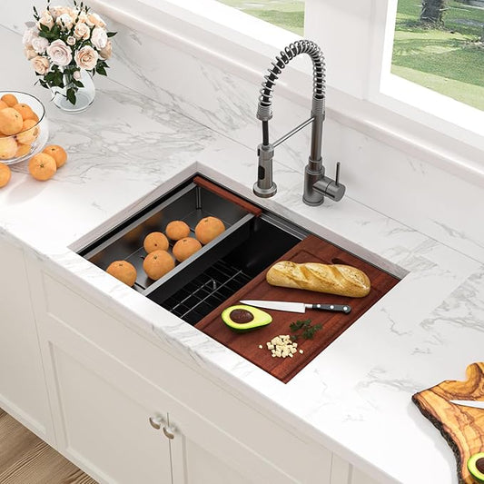 Sarlai 27 Undermount Kitchen Sink Black Stainless Steel - 27x19 Gunmetal Black Stainless Steel Kitchen Sink Undermount Workstataion 16 Guage Single Bowl Deep Sink for Kitchens