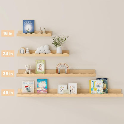 Fun Memories Picture Ledge Shelf for Wall, 16 inch Pine Wood Nursery Book Shelves Set of 4- Wall Book Shelves for Kids Room, Home Decor - Kitchen Spice-Natural
