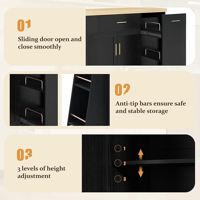 48.8" Multi-Functional Storage Sideboard, Trash Can Storage, Sliding Door Cabinet & 3-Tier Spice Rack,Kitchen Island Table for Kitchen, Dining Room (Black)
