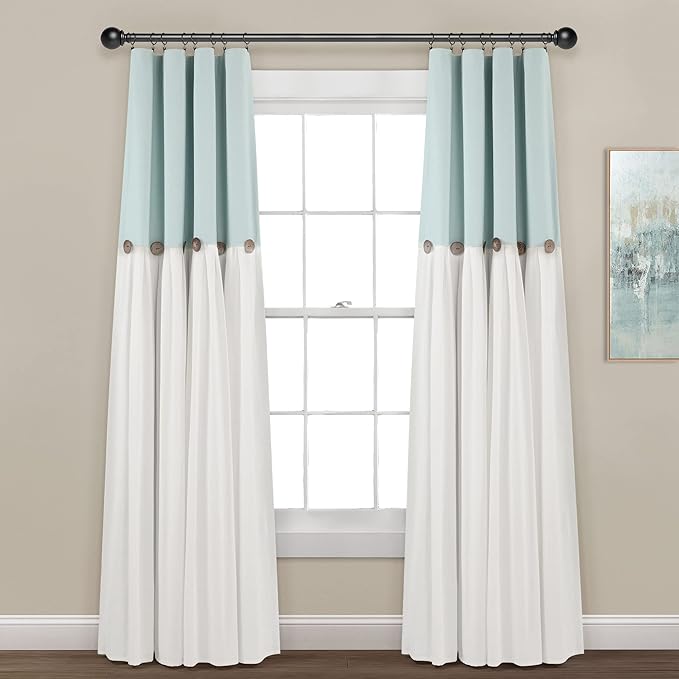 Lush Decor Linen Button Window Curtain Panel, Single, 40" W x 84" L, Blue & White - Country Curtains - Rustic Decor - Color Block Modern Farmhouse Curtains For Living Room, Bedroom & Dining Room