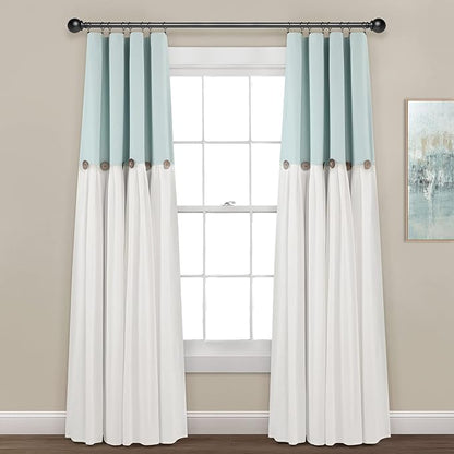 Lush Decor Linen Button Window Curtain Panel, Single, 40" W x 84" L, Blue & White - Country Curtains - Rustic Decor - Color Block Modern Farmhouse Curtains For Living Room, Bedroom & Dining Room