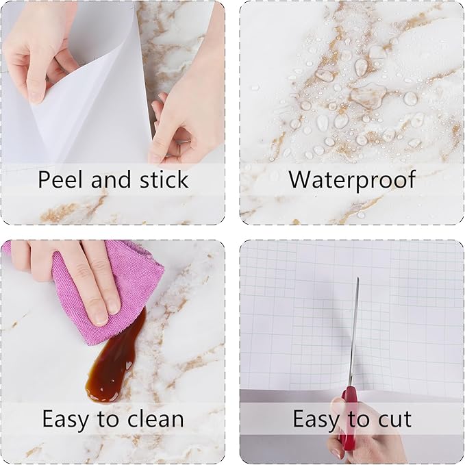Wallercity White/Gold Marble Contact Paper for Countertops Vinyl Waterproof Peel and Stick Countertops Contact Paper Self Adhesive Removable Matte Marble Wallpaper for Kitchen Cabinets 24x118 Inches