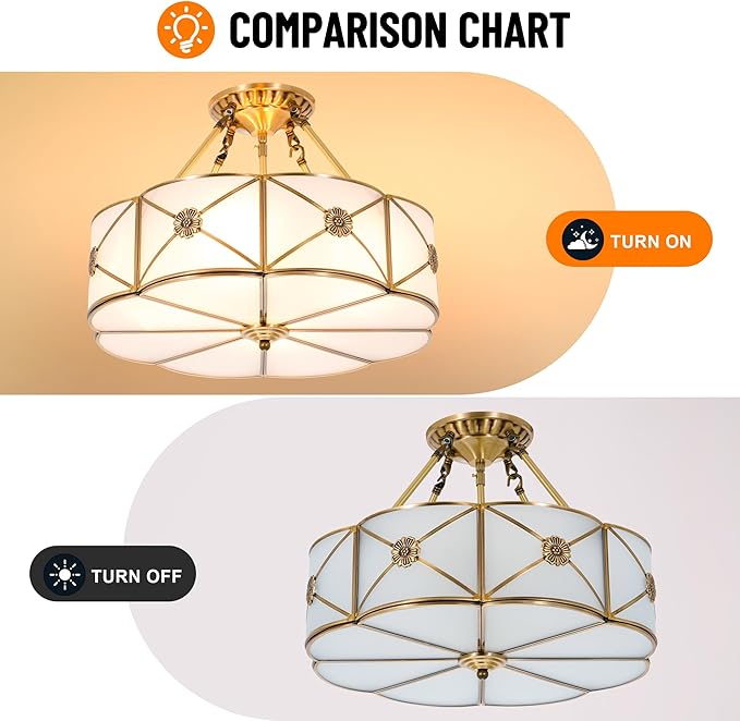 17" Vintage Pendant Light Fixture, 4-Light Semi Flush Mount Ceiling Light, Retro Handmade Glass Ceiling Light Fixture for Foyer Entryway Stairway