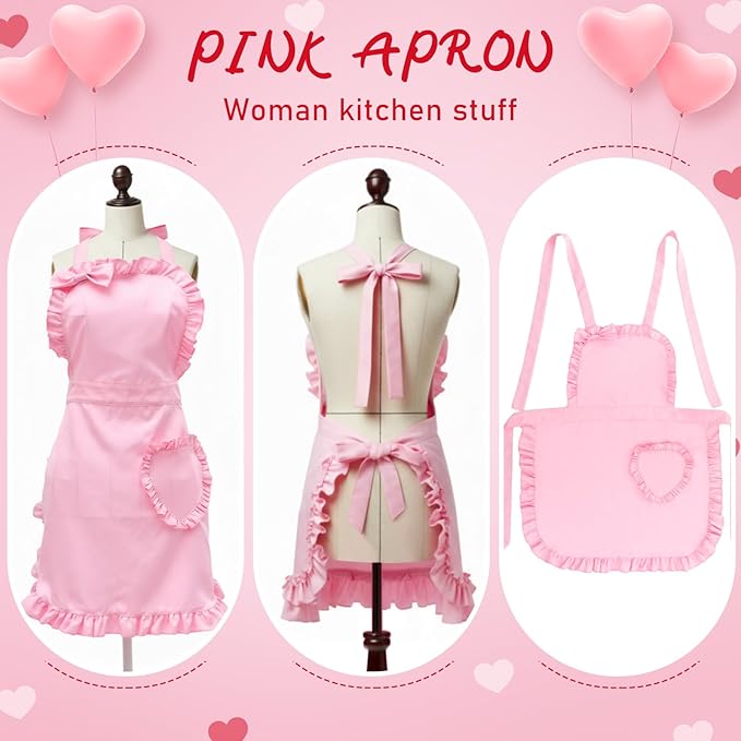 Geyoga Valentine Pink Long Ruffle Aprons for Women with Pockets Kitchen Maid Apron Vintage Skirt Cute Ruffle Dress Costume