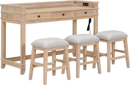 4-Piece Dining Bar Table Set with 3 Upholstered Stools, Multifunctional Dining Table with 3 Drawers,USB Port and a Power Strip, Perfect for Small Spaces (Natural Wood Wash//USB)