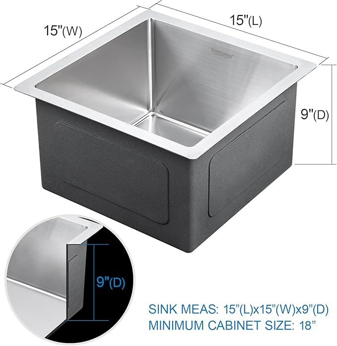 15x15 Inch Bar Sink Undermount, 18 Gauge Stainless Steel Small Kitchen Sink, Handmade Single Bowl Wet Bar Sinks with Rinse Grid (Brushed)