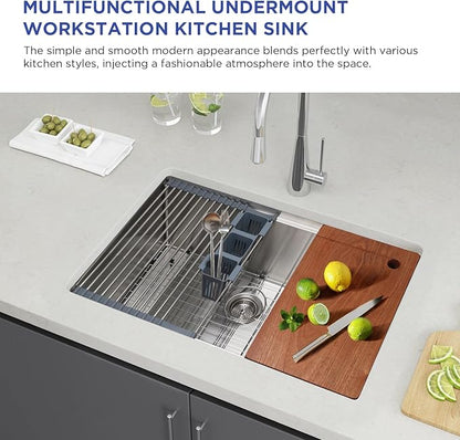 32in Undermount Workstations Kitchen Sinks - 11 Gauge Stainless Steel Sink 10inch Deep Worktation Sink with Cutting Board and Accessories