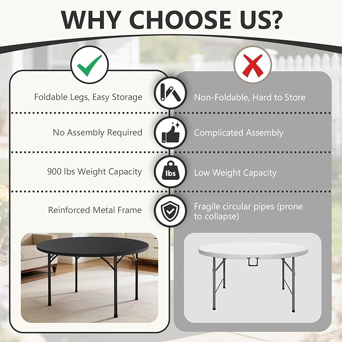71" Folding Round Table, Plastic Dinner Table, Portable Folding Banquet Table for Living Room, Party or Outdoor Event, Black