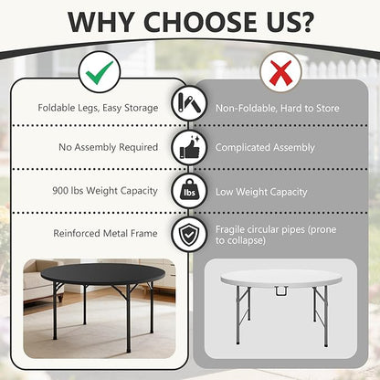 71" Folding Round Table, Plastic Dinner Table, Portable Folding Banquet Table for Living Room, Party or Outdoor Event, Black