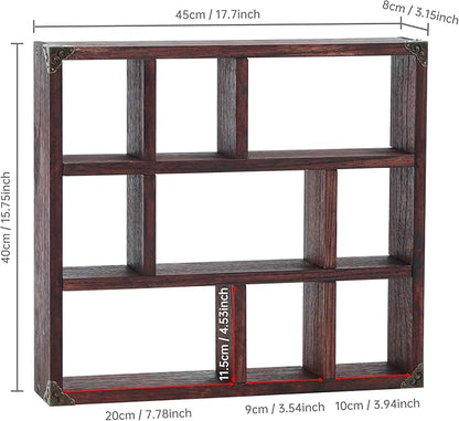 17.7x15.7-Inch Shadow Box Shelf 9-Slot Rustic Floating Shelves Larger Wall Mounted Shelf Lightweight Solid Wood Display Shelf Freestanding Farmhouse(9C-Rustic Walnut)