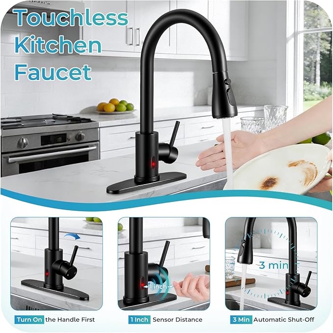 Touchless Kitchen Faucet with Pull Down Sprayer - Matte Black Single Handle Kitchen Faucets, High Arc Stainless Steel Pull Out Kitchen Sink Faucet with Deck for RV Laundry Farmhouse Bar