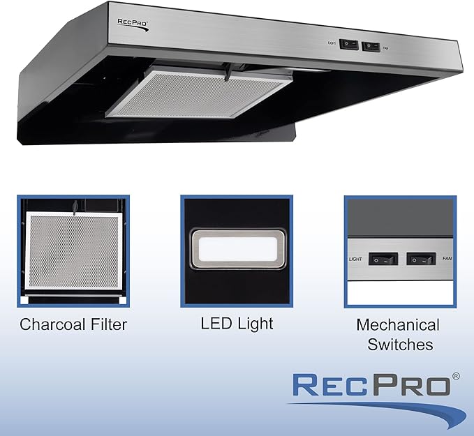 RecPro RV Range Hood with Charcoal Filter & LED Lamp | 12V DC Motor | 60W Energy Efficient | Built-in Charcoal Filter | Sleek Design | Hard-Wired Installation | 0.8A Fan Motor (Stainless Steel)
