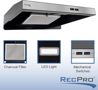 RecPro RV Range Hood with Charcoal Filter & LED Lamp | 12V DC Motor | 60W Energy Efficient | Built-in Charcoal Filter | Sleek Design | Hard-Wired Installation | 0.8A Fan Motor (Stainless Steel)