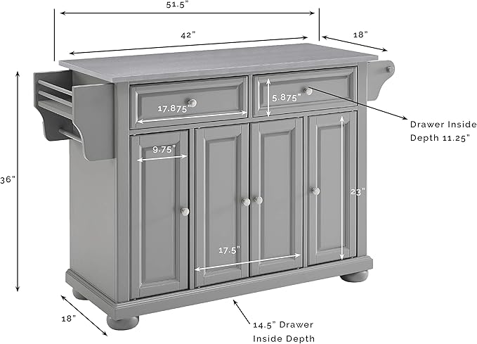 Crosley Furniture Full Size Stainless Steel Rolling Kitchen Island Storage Cart, Microwave Stand, Spice Rack, Gray