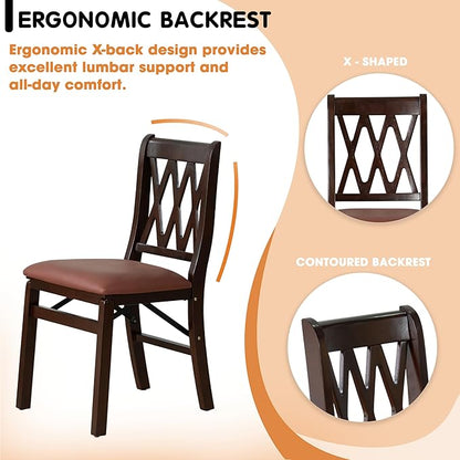 East West Furniture - PNC-MAH-26 – Plano Folding Solid Wood Dining Room Chairs with PU Leather Seat, 3-X Back Design, Set of 2, No Assembly Needed, Mahogany Wood Finish