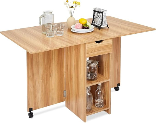 Folding Dining Table, Drop Leaf Table for Small Space with Drawer and Open Storage Shelves, Modern Rectangular Kitchen Dining Table, 47.2" L x 28.3" W (Red Oak)