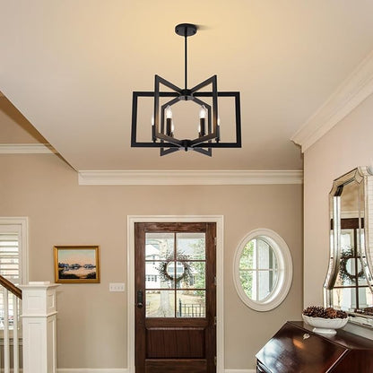 21.6" Black Chandelier for Dining Room, 6-Light Geometric Farmhouse Dining Room Fixture, Modern Foyer Lighting Fixtures, Industrial Hanging Pendant Lights for Kitchen Island, Living Room, Entryway