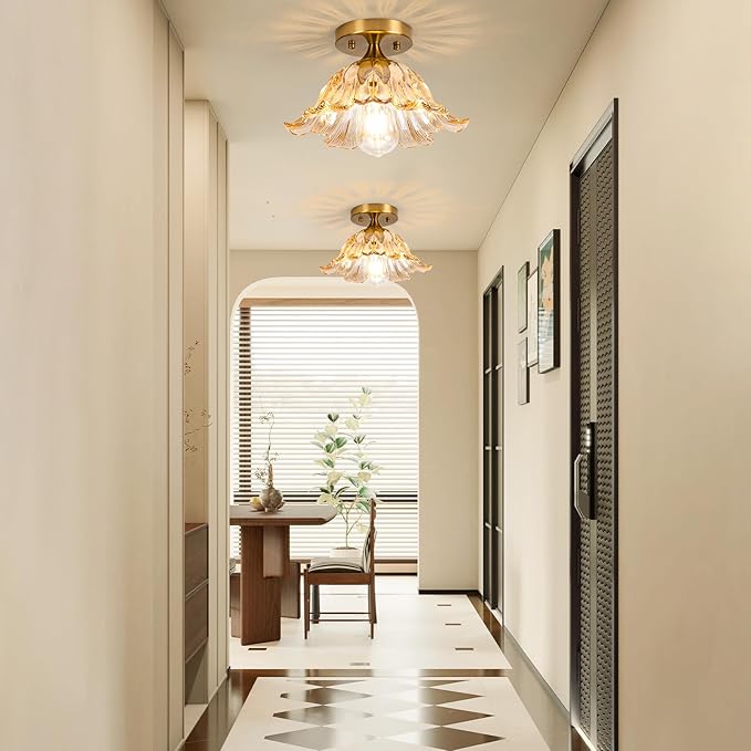 Semi Flush Mount Ceiling Light,Vintage Lights Fixture Ceiling Amber Shade Glass， E26 Ceiling Light Fixtures for Closet Kitchen Bedroom, Bulb Included
