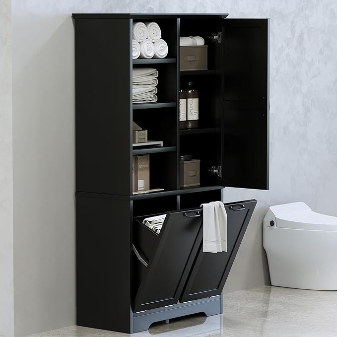 68" Tall Bathroom Storage Cabinet with One Door and Two Laundry Hampers for Home Display Organizer, Adjustable Shelf, Black