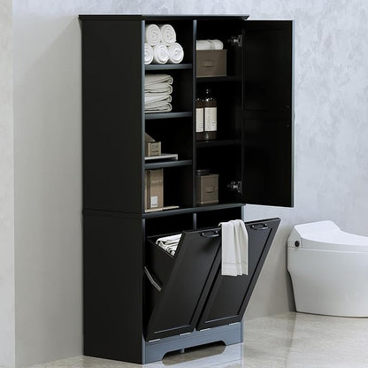 68" Tall Bathroom Storage Cabinet with One Door and Two Laundry Hampers for Home Display Organizer, Adjustable Shelf, Black