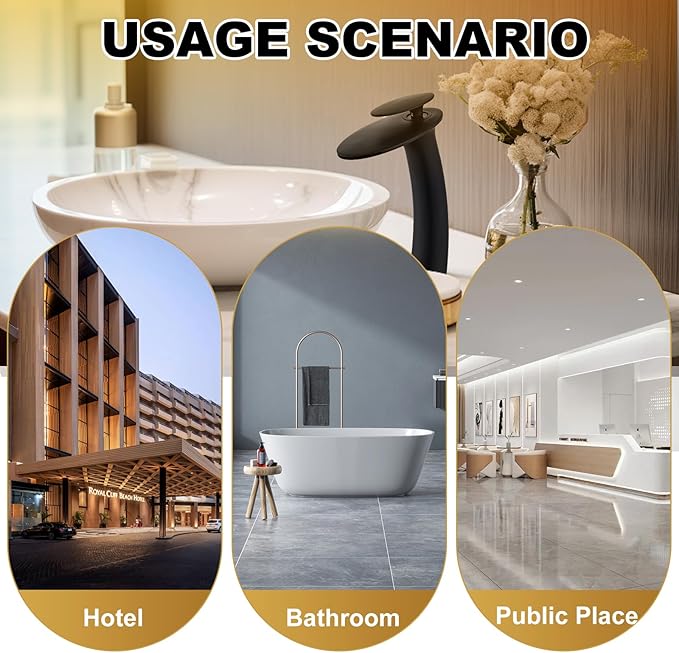 Wovier Matte Black Waterfall Bathroom Faucet,Single Handle Single Hole Brass Lavatory Vanity Vessel Faucet,Slanted Body Basin Mixer Tap Tall Body with Supply Hose and Pop Up Drain Assembly