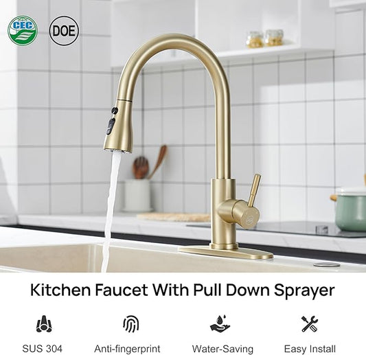 GAGALIFE Brushed Gold Kitchen Faucets with Pull Down Sprayer - High Pressure Blade Spray Kitchen Sink Faucet, High Arc Single Handle Stainless Steel Classic Pull Out Spray Kitchen Faucet 1 or 3 Hole